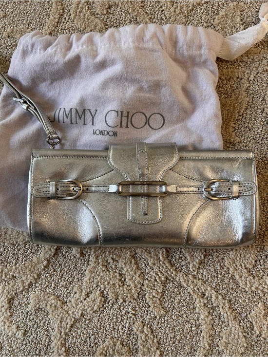 Jimmy Choo Handbags - Jimmy Choo Metallic Silver Leather Wristlet Clutch with Buckle Detail